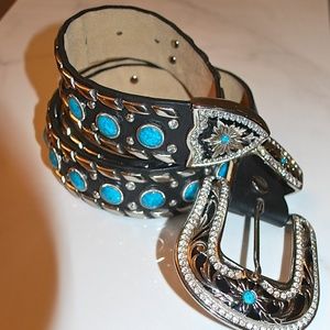 Leather Festival Western Belt 30-34 crystal turq.